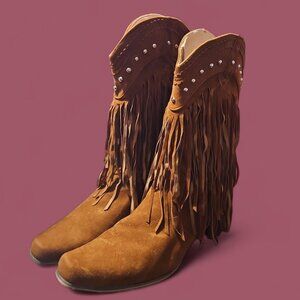 Classic Western Fringed Studded Cowboy Boots Pointed Toe Faux Suede Size: 10